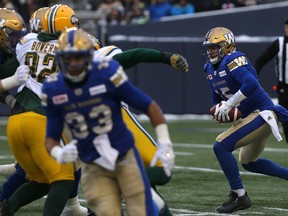 The pocket breaks down on Winnipeg Blue Bombers QB Matt Nichols during the CFL West semi-final against the   Edmonton Eskimos in Winnipeg on Sun., Nov. 12, 2017. Kevin King/Winnipeg Sun/Postmedia Network