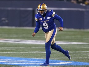 Winnipeg Blue Bombers K Justin Medlock celebrates a field goal against the Edmonton Eskimos during the CFL West semi-final in Winnipeg on Sun., Nov. 12, 2017.
