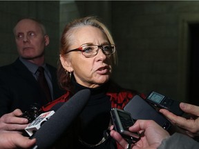 Michelle Gawronsky, Manitoba Government Employees Union president, speaks with media following the throne speech at the Manitoba Legislative Building on Tues., Nov. 21, 2017. Kevin King/Winnipeg