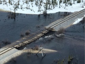 The owners of the Hudson Bay Railway line say flooding that submerged a section of the track, shown in this handout image, and stopped service on May 23 has caused ``unprecedented and catastrophic'' damage that will take months to repair.