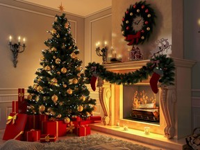 New interior with Christmas tree, presents and fireplace. Postcard.

Not Released