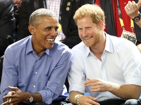 TORONTO, ON - SEPTEMBER 29:  Former U.S. President Barack Obama and Prince Harry on day 7 of the Invictus Games 2017 on September 29, 2017 in Toronto, Canada.  (Photo by Chris Jackson/Getty Images for the Invictus Games Foundation )