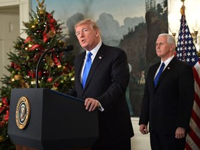 US President Donald Trump delivers a statement on Jerusalem from the Diplomatic Reception Room of the White House in Washington, DC on December 6, 2017.
