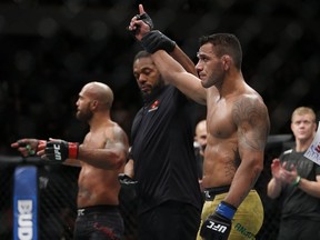 Rafael Dos Anjos celebrates a win over Robbie Lawler in main event action at the UFC Fight Night - Lawler vs Dos Anjos event in Winnipeg on Saturday.