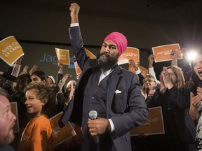 Jagmeet Singh celebrates with supporters after winning the first ballot in the NDP leadership race to be elected the leader of the federal New Democrats in Toronto on Sunday, October 1, 2017.