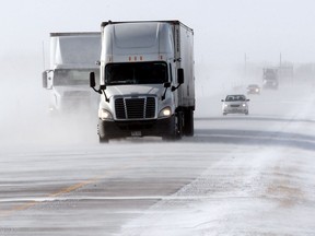 Traffic moves along the Trans-Canada Highway west of Headingley in blowing snow.
Winnipeg Sun file