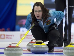 Skip Val Sweeting calls to teammates as a shot approaches the house during the Olympic curling trials Wednesday December 6, 2017 in Ottawa.