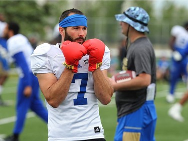 YEAR IN REVIEW: Wide receiver Weston Dressler wears boxing gloves during warmup at Winnipeg Blue Bombers training camp on the University of Manitoba campus in Winnipeg on Tues., June 13, 2017. Kevin King/Winnipeg Sun/Postmedia Network ORG XMIT: POS1706131311320600