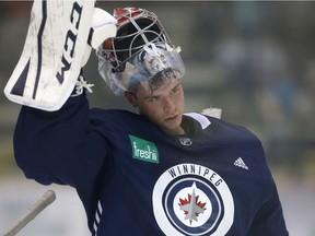 NHL Winnipeg Jets Eric Comrie on the ice at training camp.  Saturday, September 16, 2017.   Sun/Postmedia Network