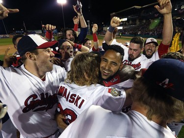 YEAR IN REVIEW: The Winnipeg Goldeyes celebrate after defeating the Wichita Wingnuts in Game 5 to win the American Association championship series at Shaw Park in Winnipeg on Wed., Sept. 20, 2017. Kevin King/Winnipeg Sun/Postmedia Network ORG XMIT: POS1709202156154439