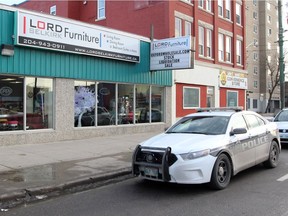 Winnipeg Police responded to a furniture store on Main Street today, there was a person in medical distress at that location.  Saturday, December 02, 2017.   Sun/Postmedia Network