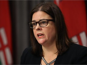 Justice Minister Heather Stefanson speaks during a press conference on the sale of cannabis at the Manitoba Legislative Building in Winnipeg on Tues., Dec. 4, 2017. Kevin King/Winnipeg Sun/Postmedia Network