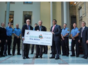 (Left to right) Lawrence Prout, President & CEO, Children's Hospital Foundation of Manitoba, Martin Johnson, Chairman of the Firefighters' Burn Fund of Manitoba, and Dr. Sarvesh Logsetty, Director Burn Unit, Children's Hospital. Manitoba firefighters donated $1 million for the establishment of The Firefighters' Burn Fund Paediatric Endowment Fund with the Children's Hospital Foundation of Manitoba on Monday, Dec. 11, 2017.