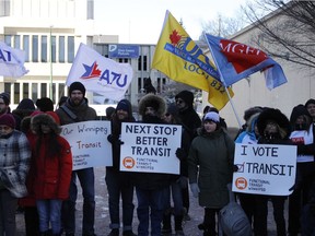 Dozens of people representing a coalition of over 100 community organizations held a rally outside Mayor Brian Bowman's doors on Monday, to protest the proposed hike in Winnipeg Transit bus fares on the eve of a vote for Winnipeg's 2018 budget.