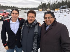 (left to right) Chief Hartley Everett of Berens River First Nation, Infrastructure Minister Ron Schuler, and Mayor Allan Atlookan of Berens Rivers at the opening of the all-weather road to Berens River on Tuesday.
