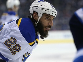 St. Louis Blues forward Chris Thorburn lines up against his old team in Winnipeg on Sunday.