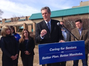 Brian Pallister (centre) promised during the 2016 provincial election to fast track the construction of 1,200 personal care home beds. Tory leader Brian Pallister promised on March 29, 2016, to fast track the construction of 1,200 personal care home beds at an announcement made in Winnipeg.