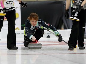 Skip Darcy Robertson during action at the 2018 Scotties Tournament of Hearts in Killarney, Man.,