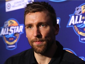 TAMPA, FL - JANUARY 27: Blake Wheeler #26 of the Winnipeg Jets addresses the media during Media Day for the 2018 NHL All-Star at Grand Hyatt Hotel on January 27, 2018 in Tampa, Florida.