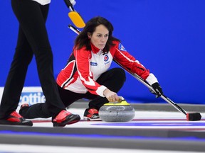 Team Canada skip Michelle Englot throws the stone while taking on B.C. at the Scotties Tournament of Hearts in Penticton, B.C., on Saturday.
