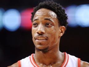 Toronto Raptors guard DeMar DeRozan looks on during a game against the Milwaukee Bucks on Jan. 1, 2018