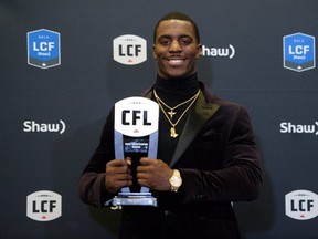 Toronto Argonauts running back James Wilder Jr., recipient of the Most Outstanding Rookie award, poses backstage at the CFL awards in Ottawa on Thursday, Nov. 23, 2017. The Argonauts are leaving the door open for running back James Wilder Jr. to have a change of heart. THE CANADIAN PRESS/Nathan Denette ORG XMIT: CPT157