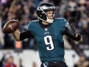 Quarterback Nick Foles of the Philadelphia Eagles looks to pass against the Atlanta Falcons during the NFC Divisional playoff game at Lincoln Financial Field on January 13, 2018 in Philadelphia. ( Abbie Parr/Getty Images)