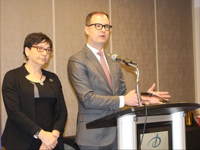Federation of Canadian Municipalities president Jenny Gerbasi and Association of Manitoba Municipalities president Chris Goertzen say municipal governments need at least one-third of the tax revenue raised through legal marijuana sales to cope with costs related to legalization. The pair made their comments at a Thursday, Jan. 11, 2018 press conference. (JOYANNE PURSAGA/Winnipeg Sun/Postmedia Network)