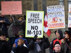 Protesters rally over motion M-103, the Liberal anti-Islamophobia motion, on Parliament Hill in Ottawa on March 21, 2017.