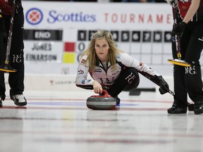 Skip Jennifer Jones delivers the rock during a 9-5 victory over Kerrie Einarson in the one-vs-one game in Killarney, Man., on Saturday, to grab a spot in Sunday's final.