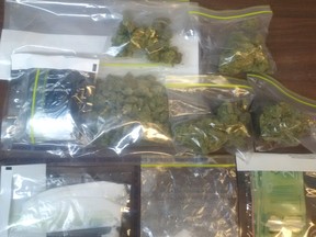 Thompson RCMP picture of 113 grams of cocaine, 170 grams of marijuana and other drug paraphernalia seized in recent bust. Picture shared Jan. 15, 2018.
Handout