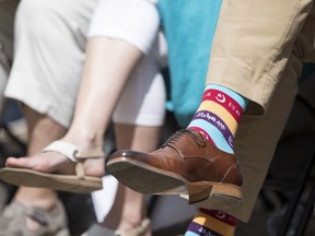 Prime Minister Justin Trudeau wears Ramadan-themed socks at a Faith and Pride church service in Toronto, Sunday, June 25, 2017.