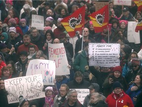 Thousands of people participated in the Woman's March in downtown Winnipeg today.  The march was one of hundreds held around the world, in solidarity with the Women's March on Washington.  Saturday, January 21, 2017.   Sun/Postmedia Network