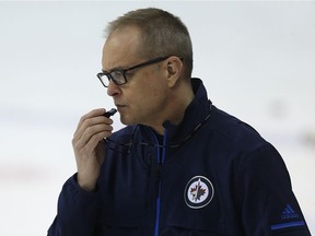 Head coach Paul Maurice readies the whistle during Winnipeg Jets practice at Bell MTS Centre in Winnipeg on Wed., Dec. 13, 2017. Kevin King/Winnipeg Sun/Postmedia Network ORG XMIT: POS1712131310110055