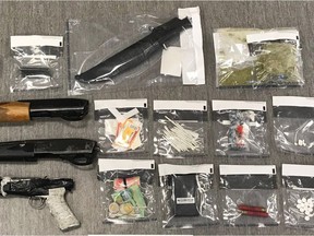 RCMP report that three firearms, ammunition and drugs including cocaine, marijuana, Percocet and Xanax were seized from a residence in St. Theresa Point First Nation on Friday.