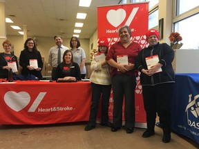 Heart & Stroke - Manitoba kicked off its 60th season of fundraising with a goal of reaching $10 million raised for cardiovascular health advocacy, research treatment and survivorship care, Tuesday at the DASCH Day Program Centre on Pembina Hwy. (Left to right) Teresa Bowerman, Senior Area Manager, Community Engagement, Heart & Stroke – Manitoba; Sydney Beales, Day Program Supervisor, DASCH (Heart & Stroke Canvass Volunteer); Scott Smith, Director of Operations, DASCH (Heart & Stroke Canvass Volunteer); Stephanie Anderson, Heart & Stroke Canvass Program Coordinator; Joanne Jamieson, Heart & Stroke Canvass Program Administrator; Amanda Umlah, DASCH Day Program participant (Heart & Stroke Canvass Volunteer); Corrinne Bourgeois-Thibert, Day Program Supervisor, DASCH (Heart & Stroke Canvass Volunteer); and Leanne Gaul, DASCH Day Program participant (Heart & Stroke Canvass Volunteer).