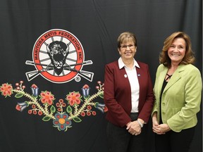 (Left to right) Annitta Stenning, President and CEO, CancerCare Manitoba Foundation, and Denise Thomas, Chair of the Manitoba Metis Heritage Fund at a press conference on Tuesday. The Manitoba Metis Heritage Fund (MMHF) along with the Manitoba Metis Federation (MMF) announced its partnership with CancerCare Manitoba Foundation for the 2018 MMHF Gala – "A Hunt for the Cure" taking place May 12, 2018.