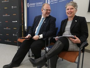 Kelvin Goertzen, Minister of Health, Seniors and Active Living (left), with Lori Lamont, Acting COO, Vice President, Nursing and Health Professions, at a news conference where an update on changes to health care in Manitoba were announced.   Wednesday, January 31, 2018.   Sun/Postmedia Network