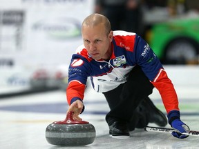 Pat Simmons delivers during the provincial men's curling championship in Winkler, Man., on Wed., Jan. 31, 2018. Kevin King/Winnipeg Sun/Postmedia Network