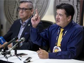 FSIN Vice-Chief David Pratt and Chief Bobby Cameron speak at a press conference at FSIN in Saskatoon on Friday.