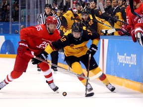 Germany's Brooks Macek celebrates a goal in the men's semi-final ice hockey match between Canada and Germany during the Pyeongchang 2018 Winter Olympic Games.