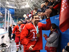 GANGNEUNG, SOUTH KOREA - FEBRUARY 25:  Gold medal winner Pavel Datsyuk #13 of Olympic Athlete from Russia celebrates after defeating Germany 4-3 in overtime during the Men's Gold Medal Game on day sixteen of the PyeongChang 2018 Winter Olympic Games at Gangneung Hockey Centre on February 25, 2018 in Gangneung, South Korea.  (Photo by Jamie Squire/Getty Images)