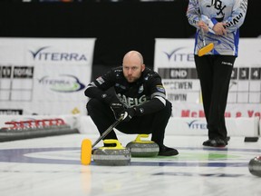 Normally the third on Mike McEwen's team, B.J. Neufeld holds the broom this week in Winkler for the 2018 Manitoba men's curling championship. McEwen is unavailable as he recovers from a severe case of chicken pox.