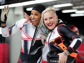 Canada's Kaillie Humphries and Phylicia George celebrate their final run at the Pyeongchang Olympics on Feb. 21.