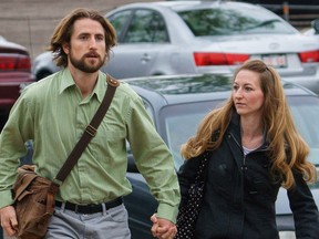 David Stephan and his wife Collet Stephan leave the courthouse on Tuesday, April 26, 2016 in Lethbridge, Alberta. The Stephans are charged with failing to provide the necessaries of life to 19-month-old Ezekiel in 2012.
