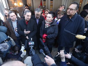 From left, Grand Chief Jerry Daniels, Southern Chiefs' Organization, Chief Arlen Dumas, Chief Derrick Henderson of Sagkeeng, Chief Sheila North, and Chief Kevin Hart speak to media outside the law courts in Winnipeg after the jury delivered a not-guilty verdict in the second degree murder trial of Raymond Cormier, Thursday, February 22, 2018.