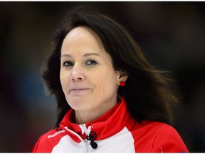 Team Canada skip Michelle Englot smiles while taking on the Wild Card team at the Scotties Tournament of Hearts in Penticton, B.C., on Friday, Feb. 2, 2018.