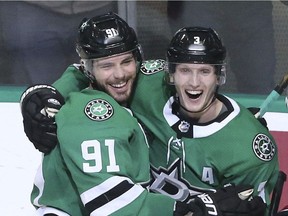 Dallas Stars Tyler Seguin (91) and John Klingberg (3).