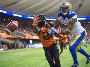 B.C. Lions' Anthony Gaitor, left, reaches for a pass intended for Winnipeg Blue Bombers' Tori Gurley that fell incomplete during the first half of a CFL football game in Vancouver, B.C., on Friday October 14, 2016. Gaitor is now trying to lock down a job with the Bombers. Darryl Dyck/Canadian Press Files