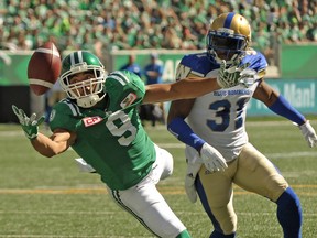 Former Saskatchewan Roughriders receiver Nic Demski (9) signed with his hometown Blue Bombers as a free agent.